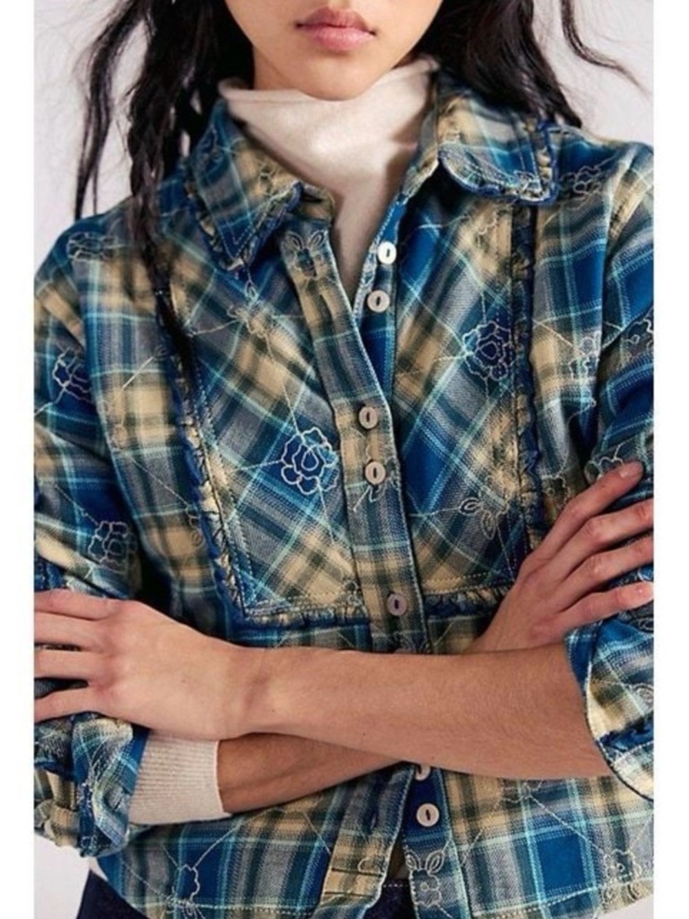 1550.FREE PEOPLE We The Free Georgia Plaid Embroidered Button-Down Shirt in Navy